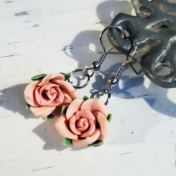 Handcrafted Fimo Polymer Clay Pink Rose Flower Bead Dangle Earrings - Picture 1 of 6
